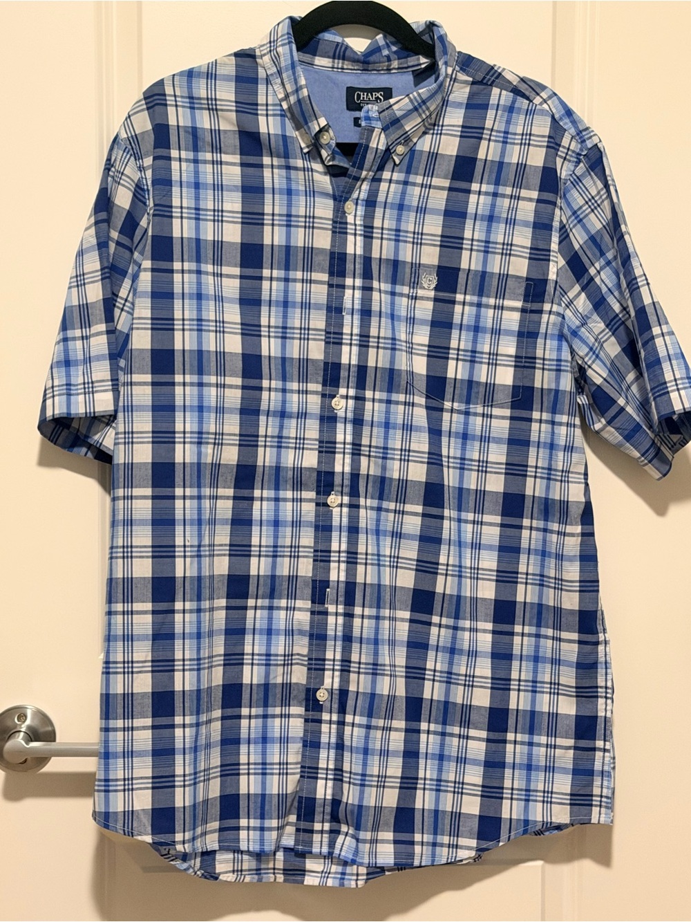 Chaps Blue and White Plaid Short-Sleeve Button-Down Shirt